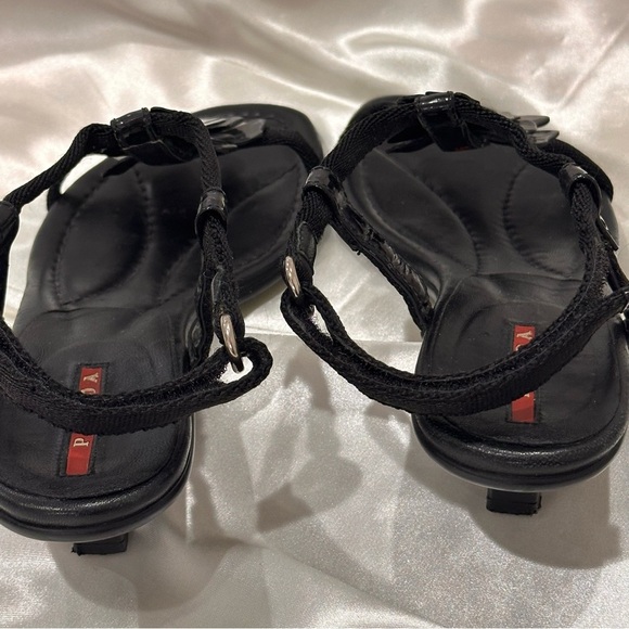 Prada Sport T Strap Sandals Leather Floral Kitten Heels Black Size 6 Vintage Y2K - Picture 11 of 13